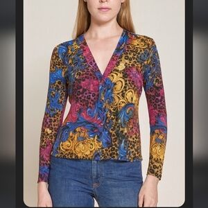 Laura Max Boho Blue, Pink & Orange Long Sleeve Button Down  Blouse  XS